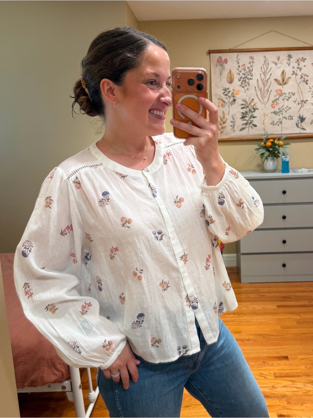 Lucky Brand White Block Print Floral Button-Up Peasant Blouse Medium Cotton